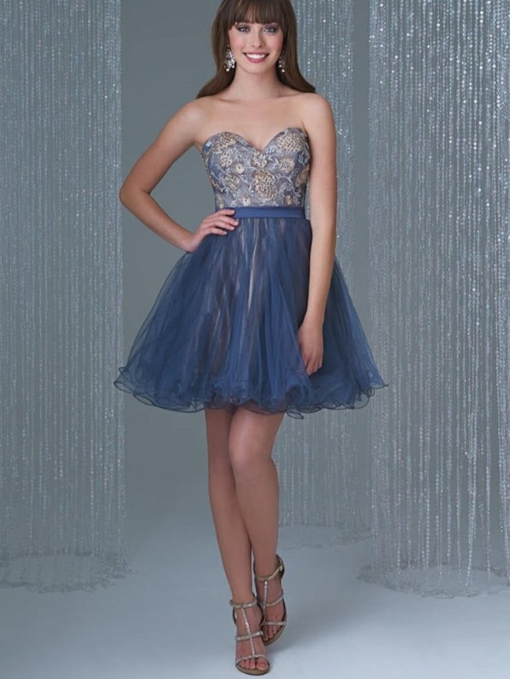 Size 0-2 smokey blue-grey on gold fit & flare dress by Madison James NWT